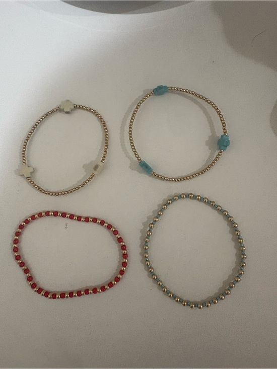 enewton Jewelry - Gold Beaded Stackable Bracelets with Red, Light Blue and Cream Accents